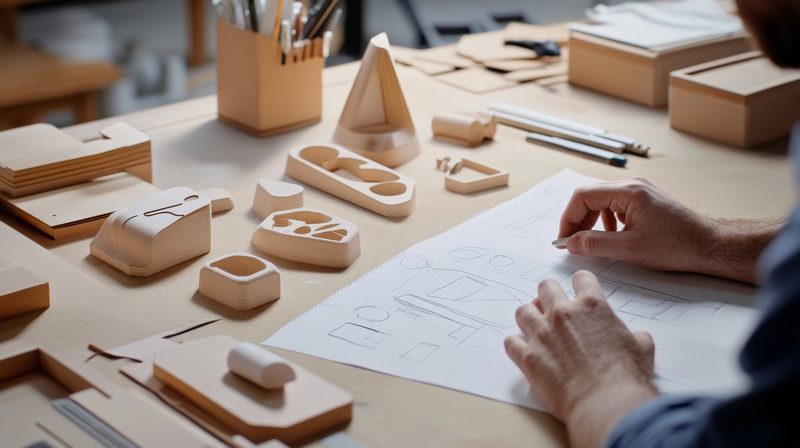 Fából készült formatanulmány-modellek és terméktervezési skicc az asztalon